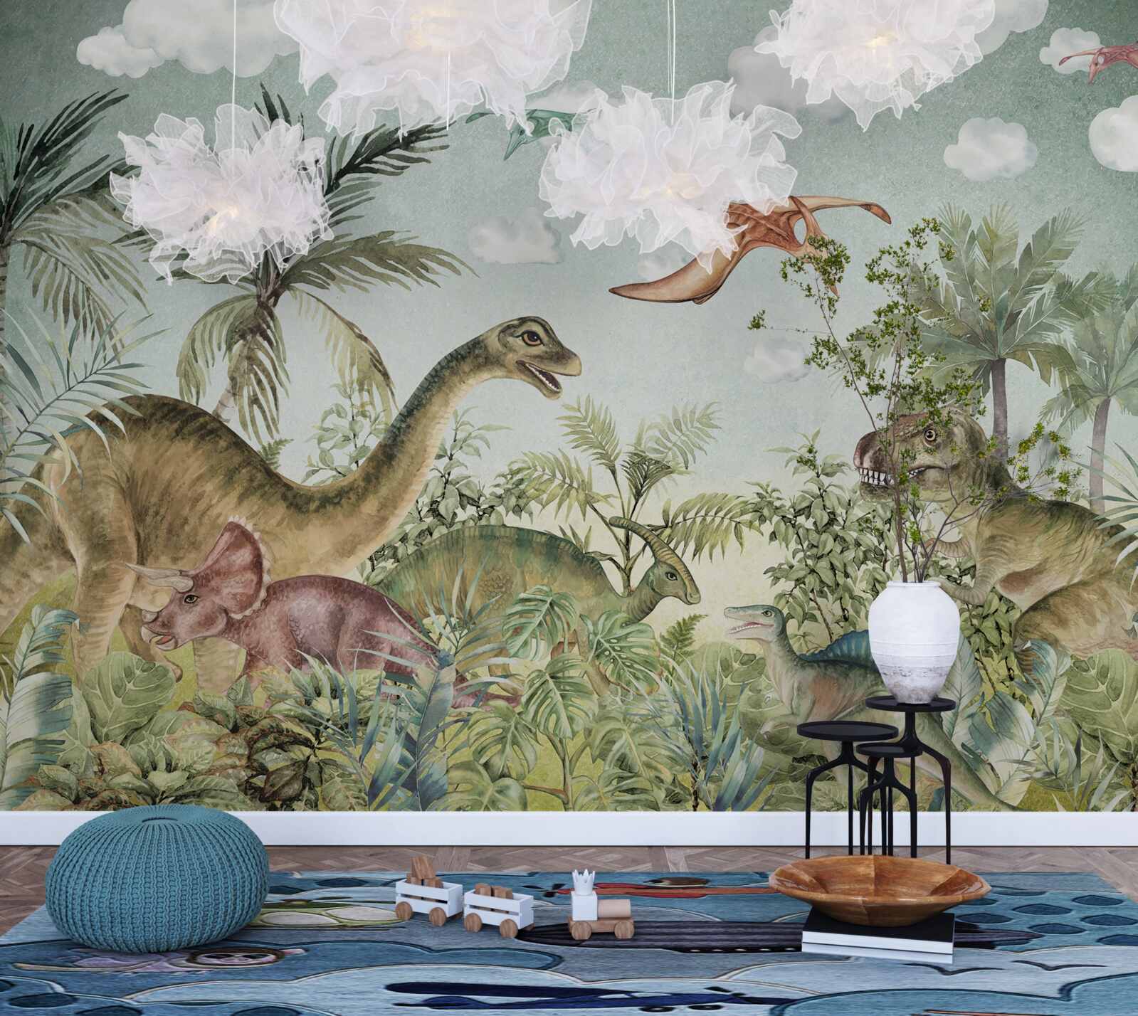 Papier peint le vert entoure les dinosaures