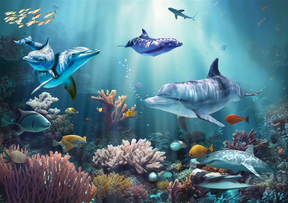 Papier peint les poissons et les dauphins nagent ensemble