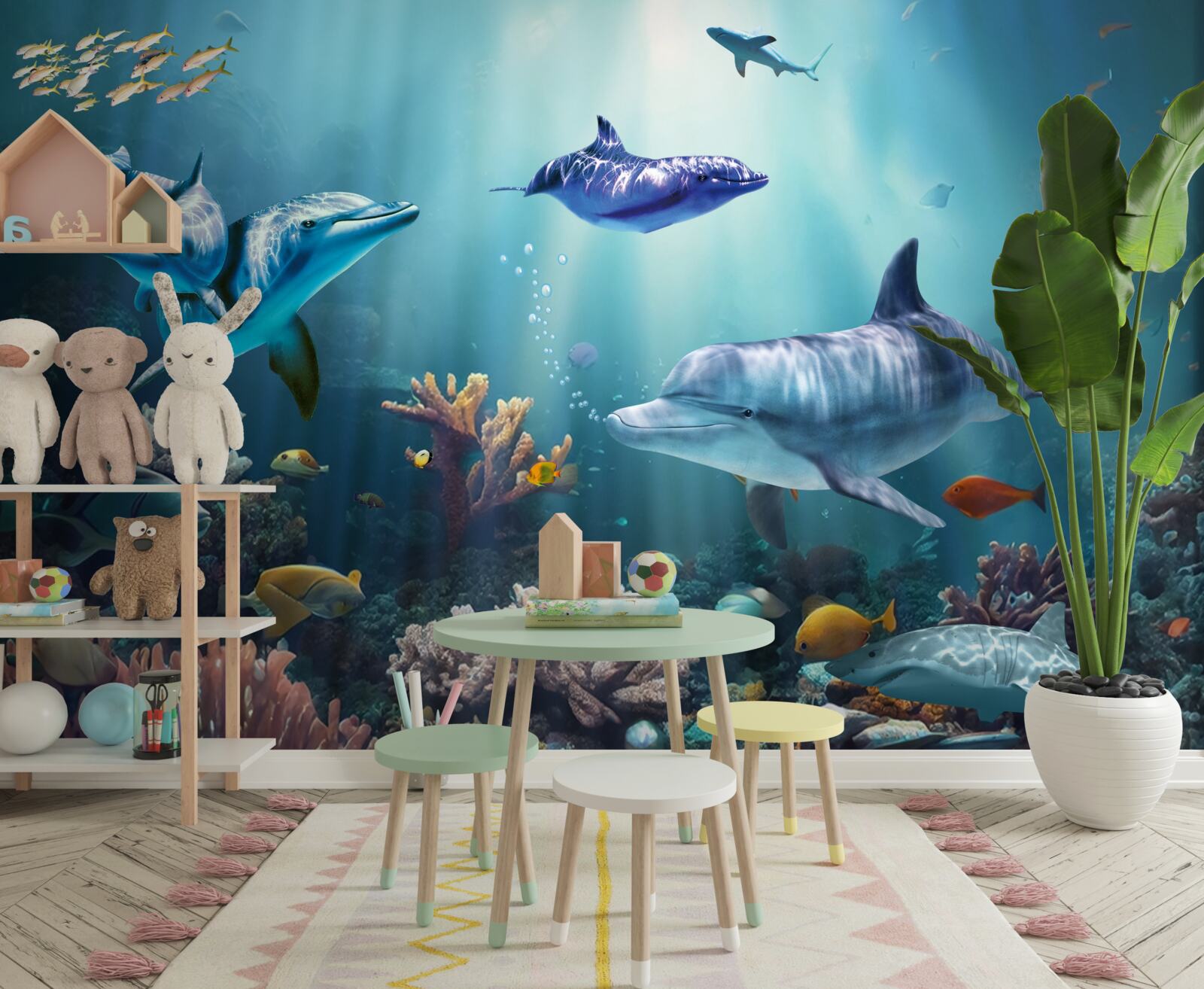 Papier peint les poissons et les dauphins nagent ensemble