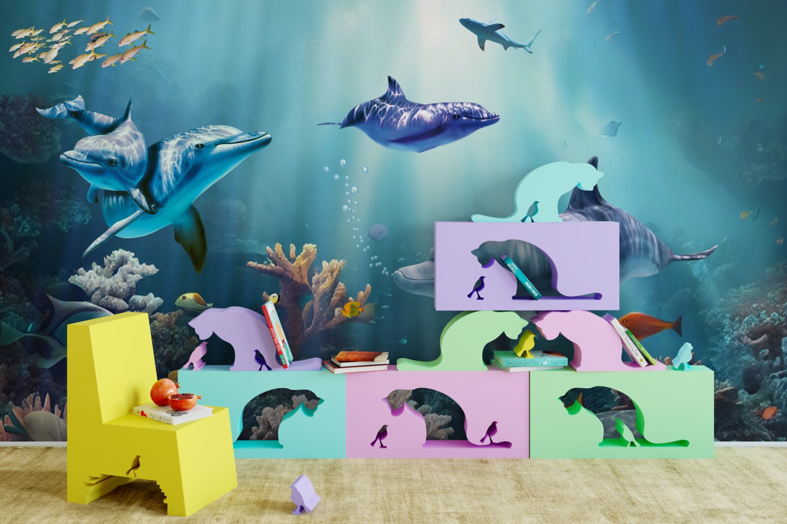 Papier peint les poissons et les dauphins nagent ensemble