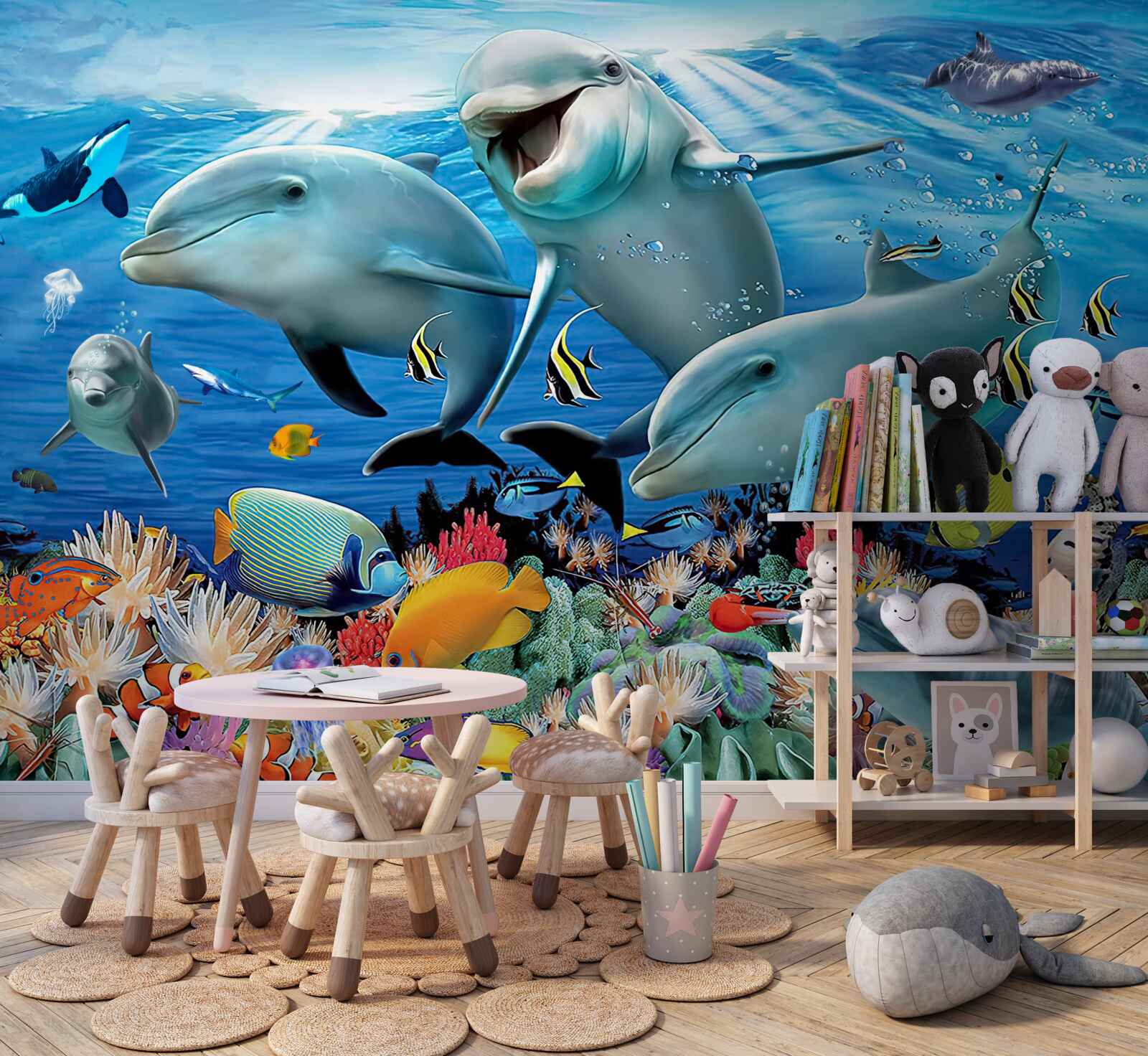 Papier peint les dauphins et les poissons sourient sous l'eau