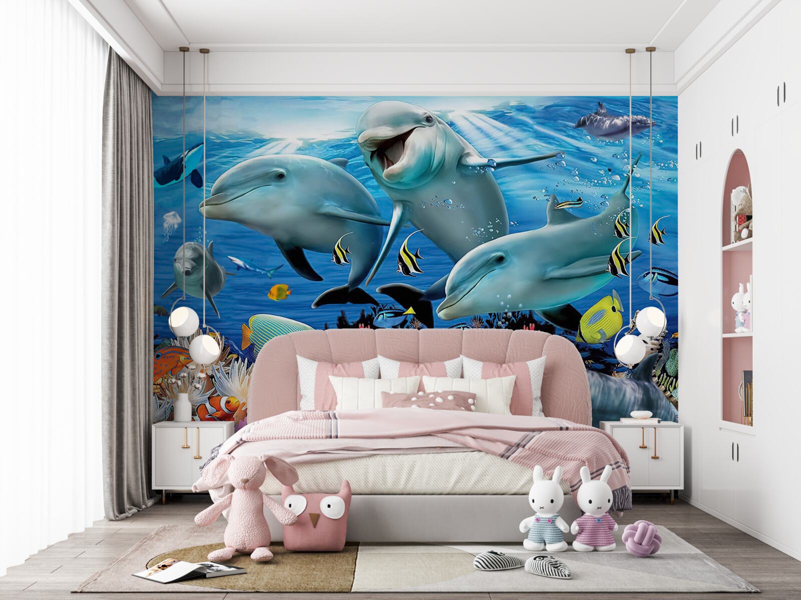 Papier peint les dauphins et les poissons sourient sous l'eau