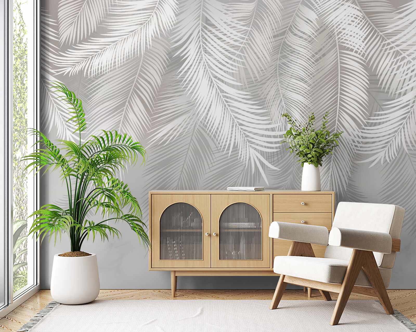 Papier peint les feuilles, blanches et brillantes, ressemblent à des plumes