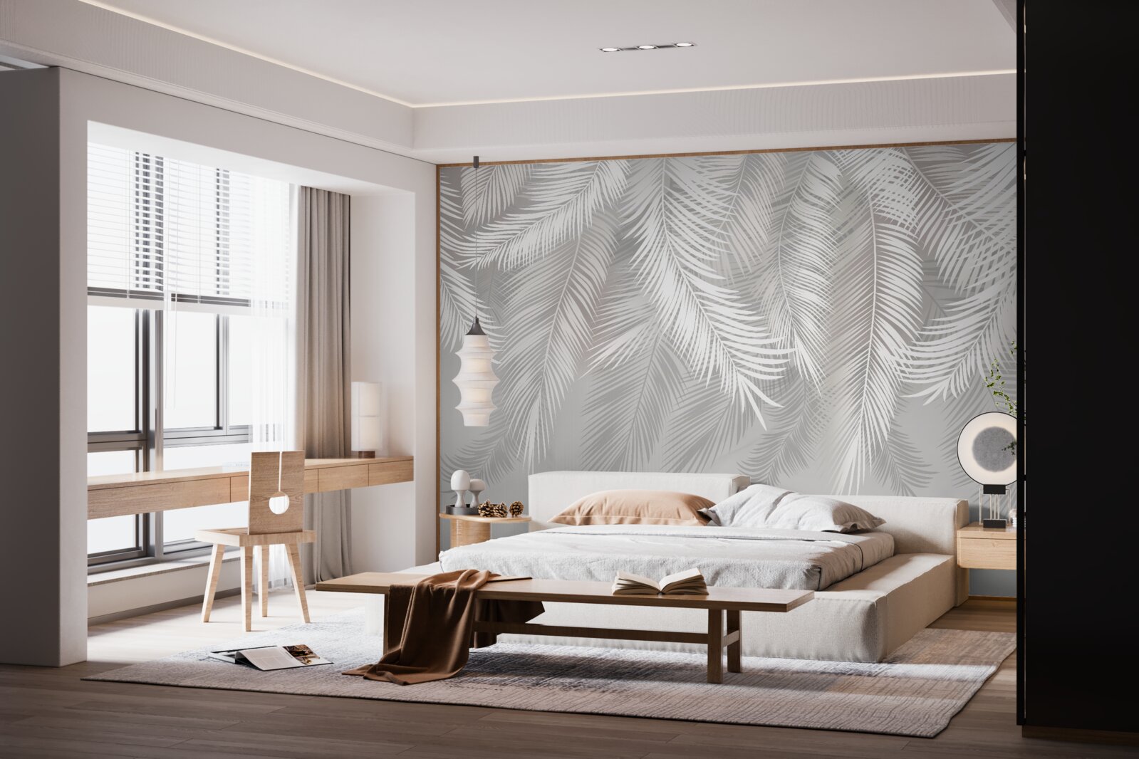 Papier peint les feuilles, blanches et brillantes, ressemblent à des plumes