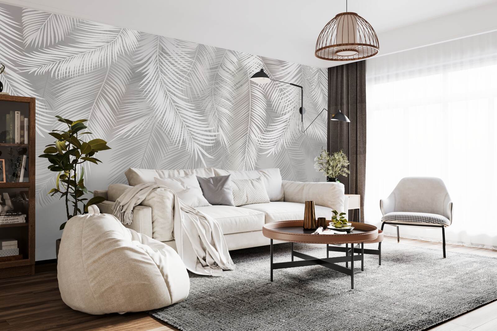 Papier peint les feuilles, blanches et brillantes, ressemblent à des plumes