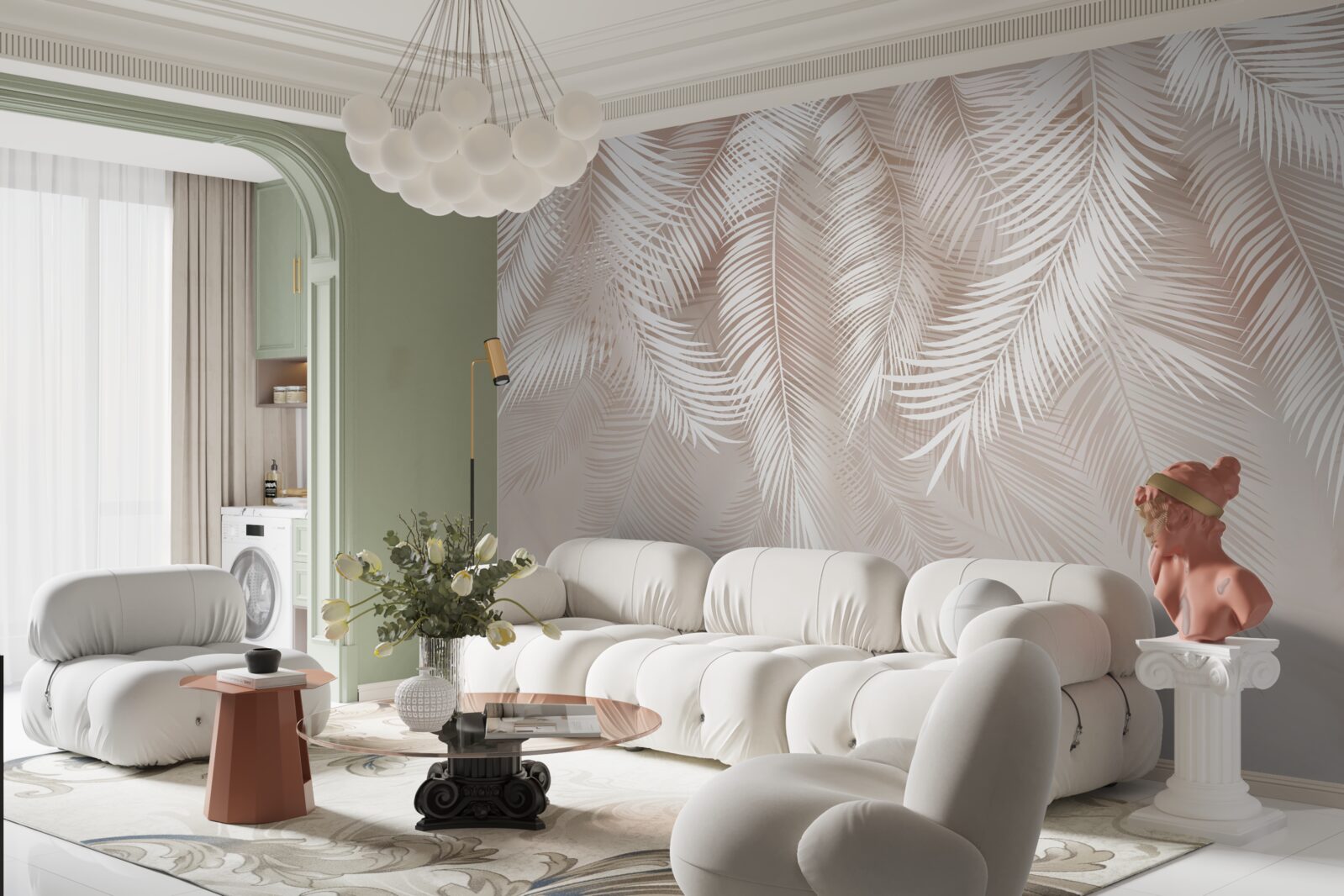 Papier peint plumes en rose et tons clairs