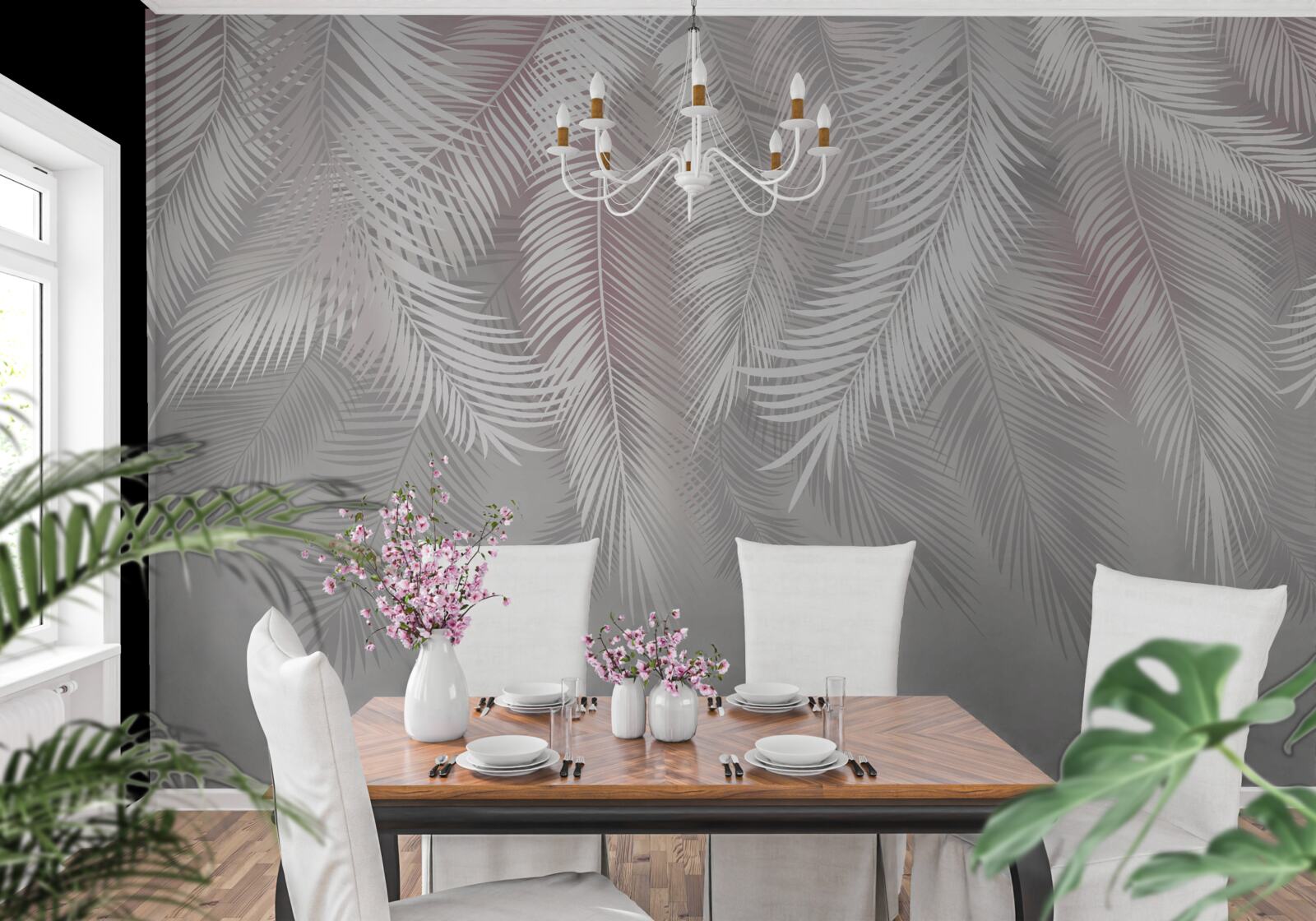 Papier peint feuilles lumineuses sur fond sombre