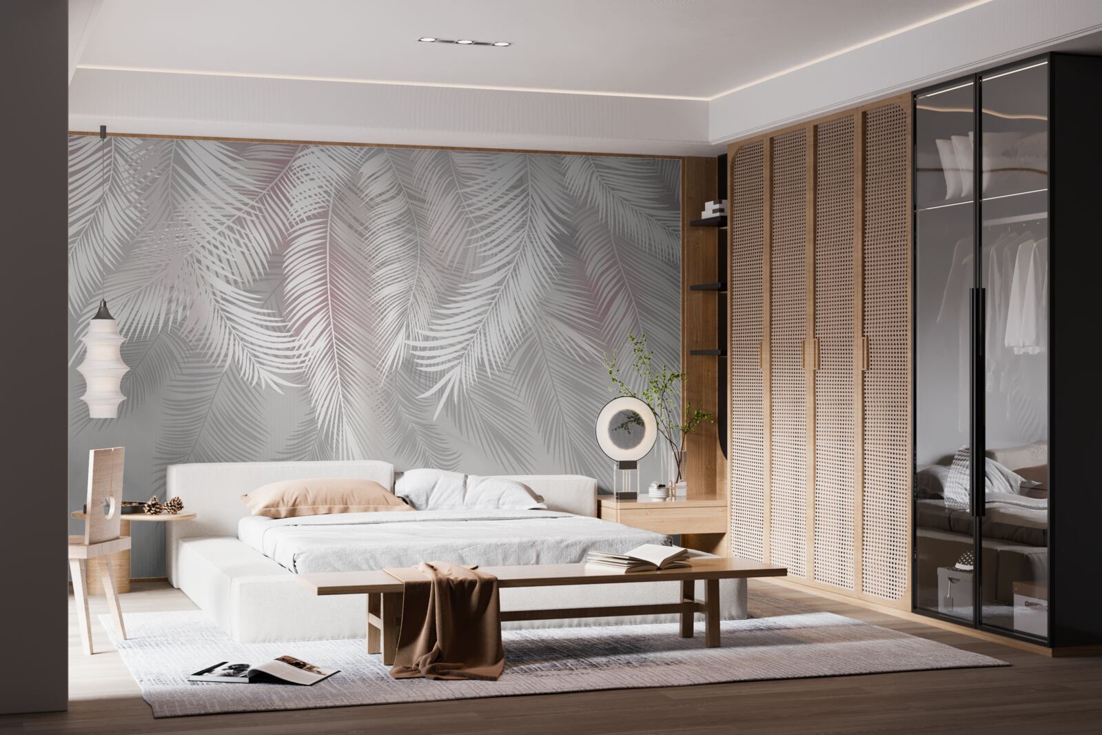 Papier peint feuilles lumineuses sur fond sombre