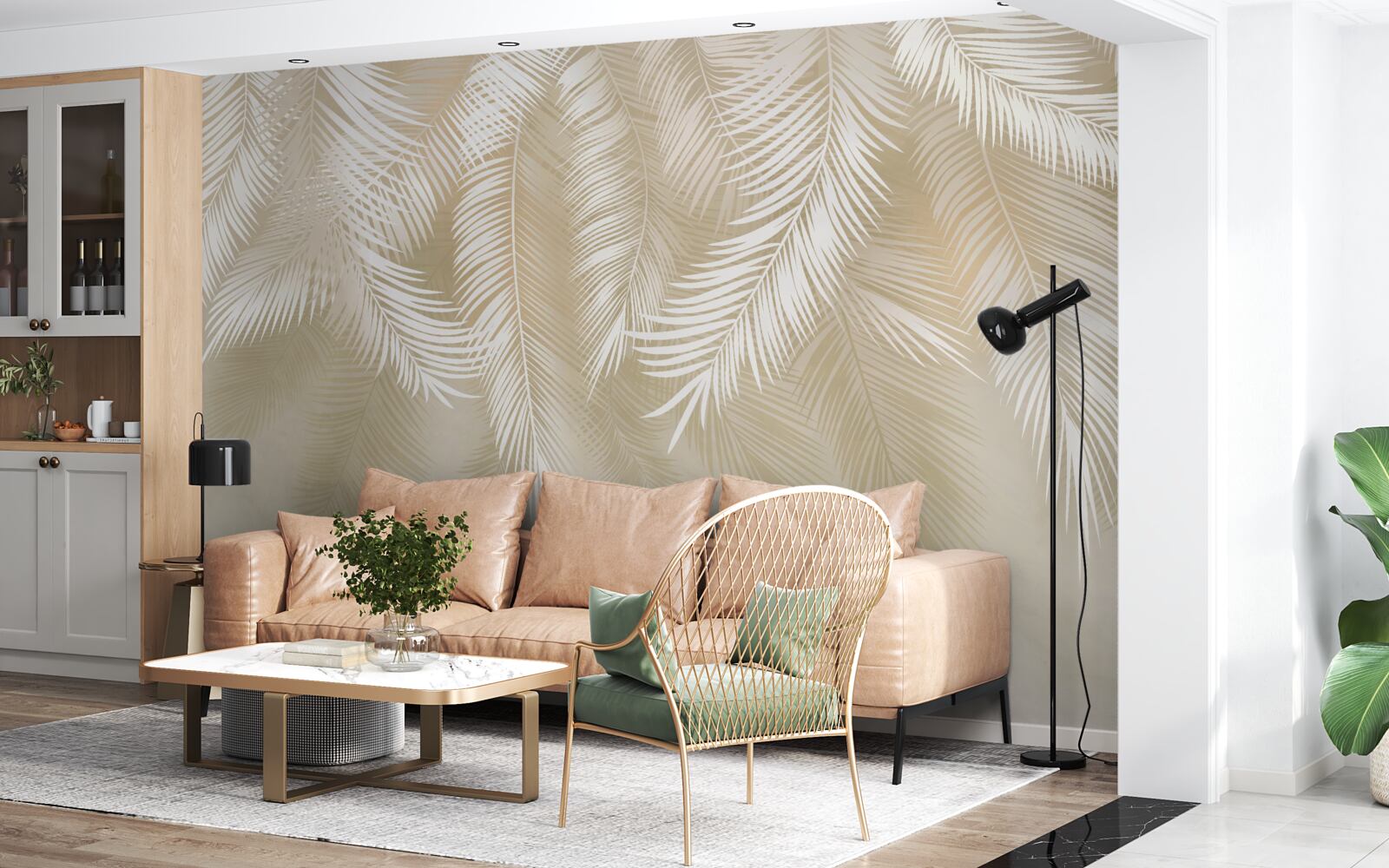 Papier peint les feuilles de palmier sont blanches sur fond beige