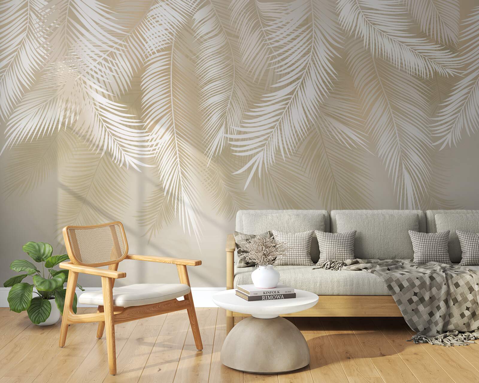 Papier peint les feuilles de palmier sont blanches sur fond beige