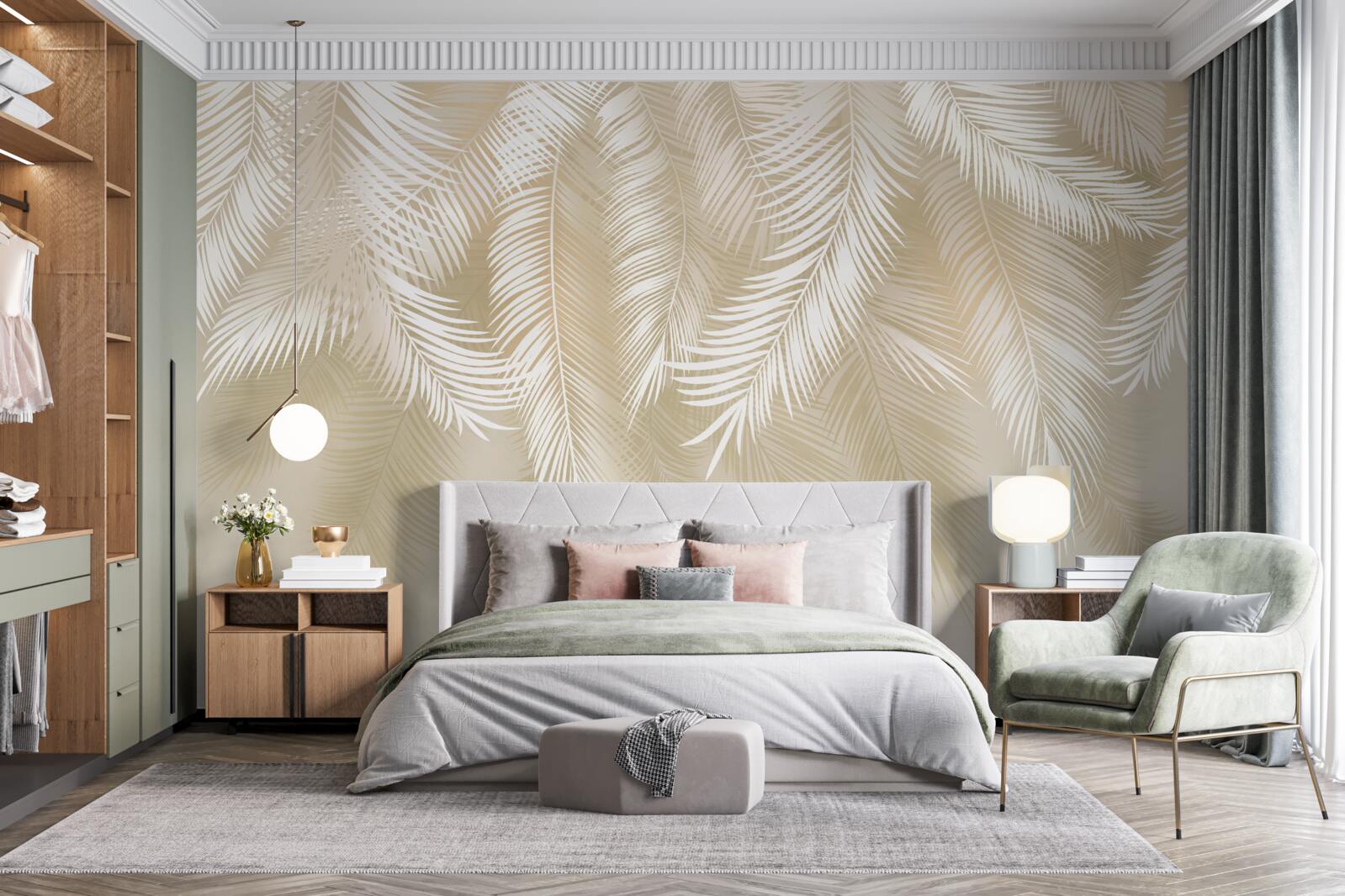 Papier peint les feuilles de palmier sont blanches sur fond beige