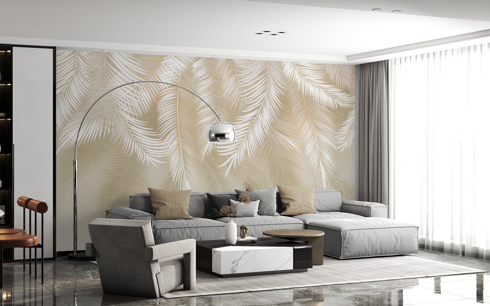 Papier peint les feuilles de palmier sont blanches sur fond beige