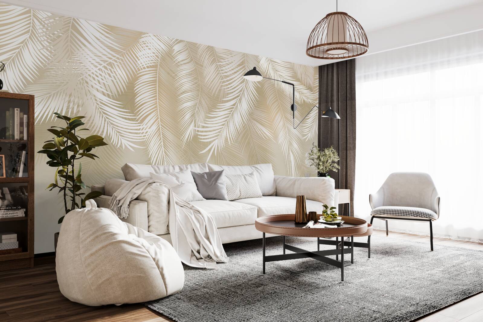 Papier peint les feuilles de palmier sont blanches sur fond beige