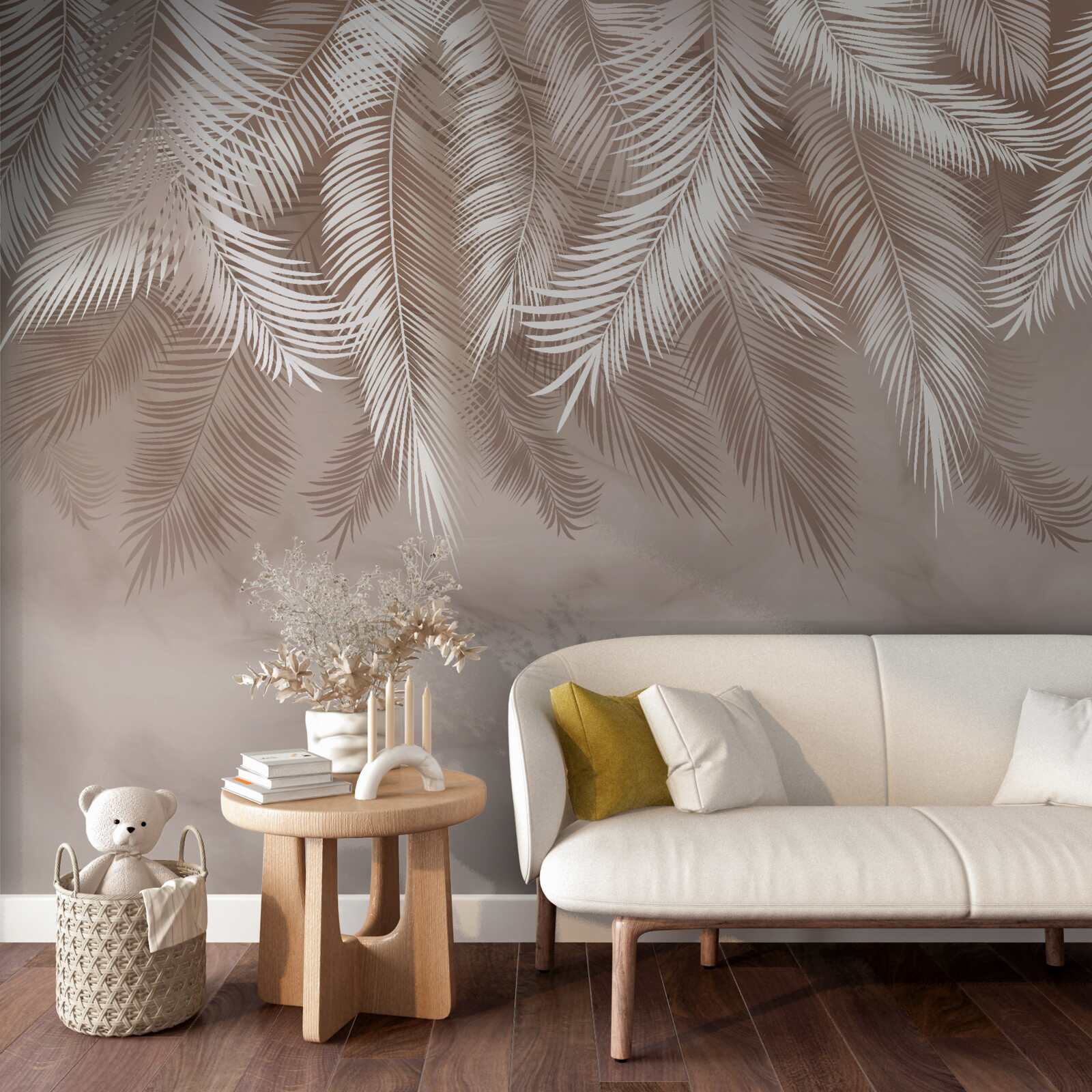 Papier peint Les feuilles de palmier en surplomb étaient saupoudrées de blanc.