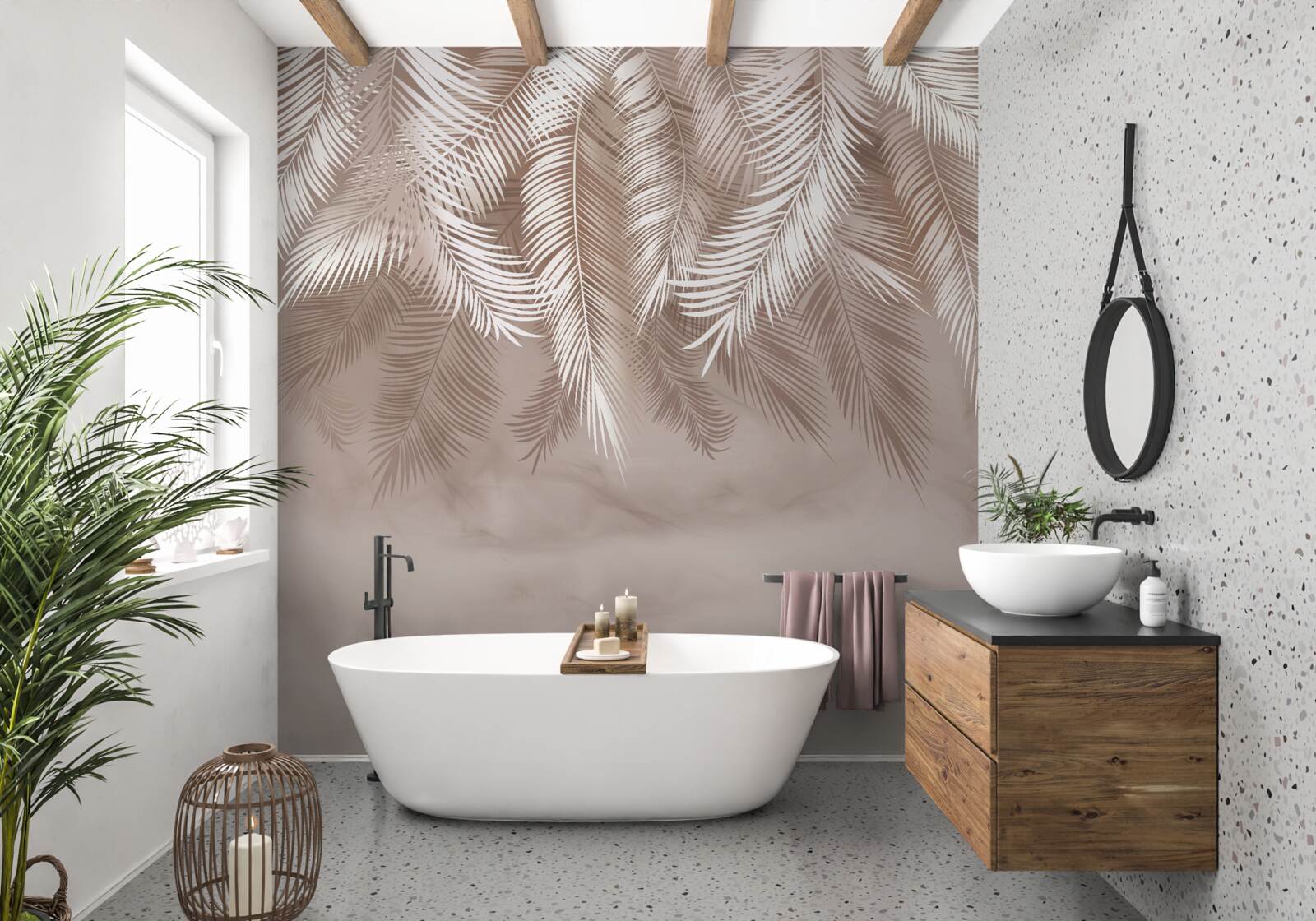 Papier peint Les feuilles de palmier en surplomb étaient saupoudrées de blanc.