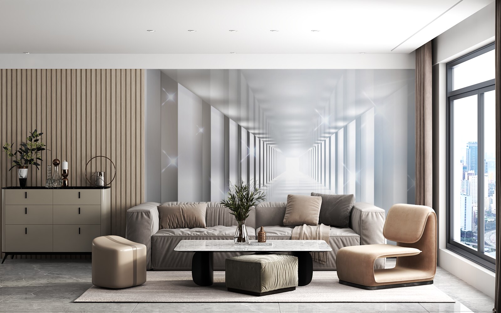 Papier peint tunnel sans fin suspendu au-dessus de la ville