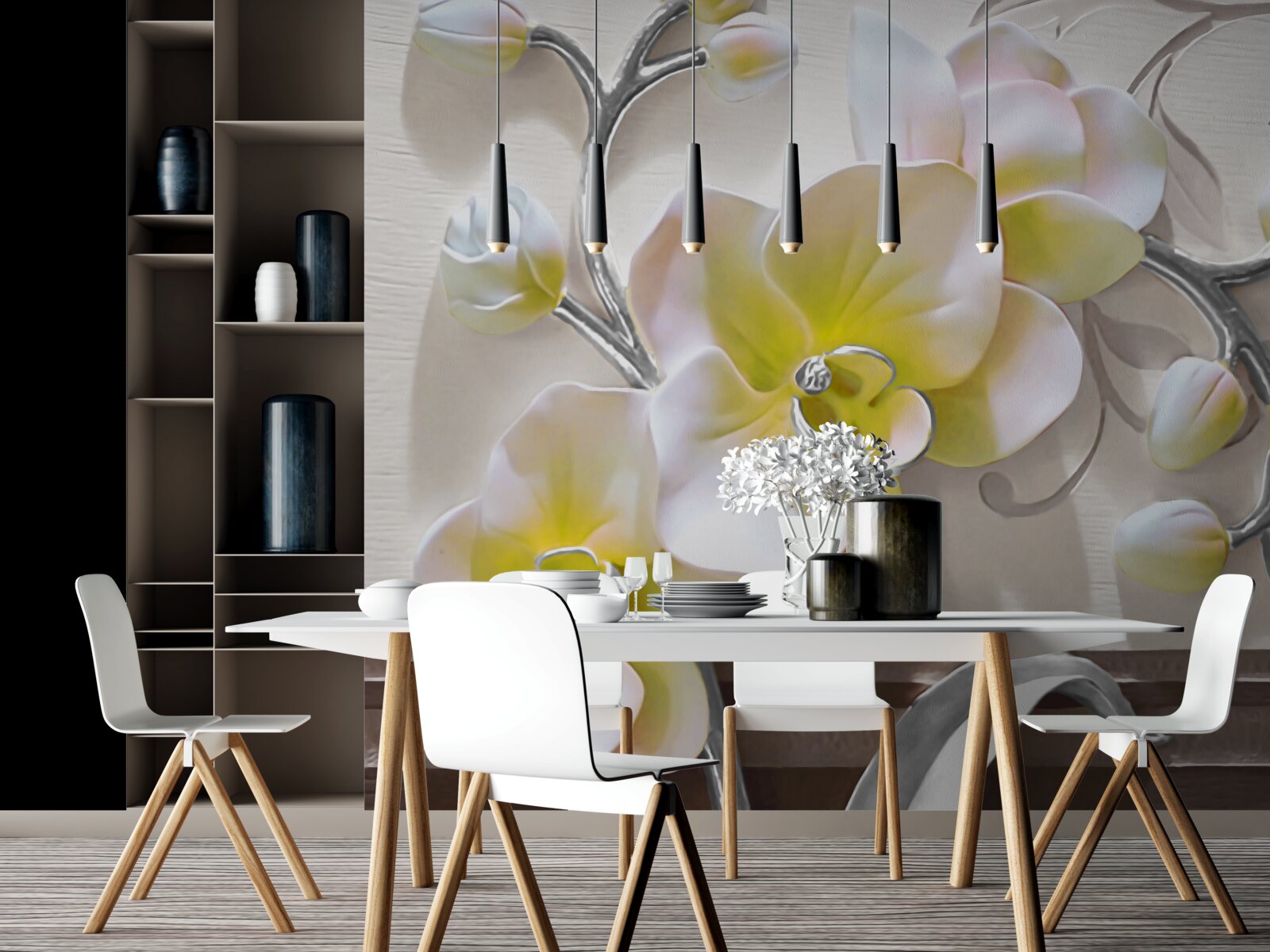 Papier peint orchidée avec une coloration blanche et jaune unique