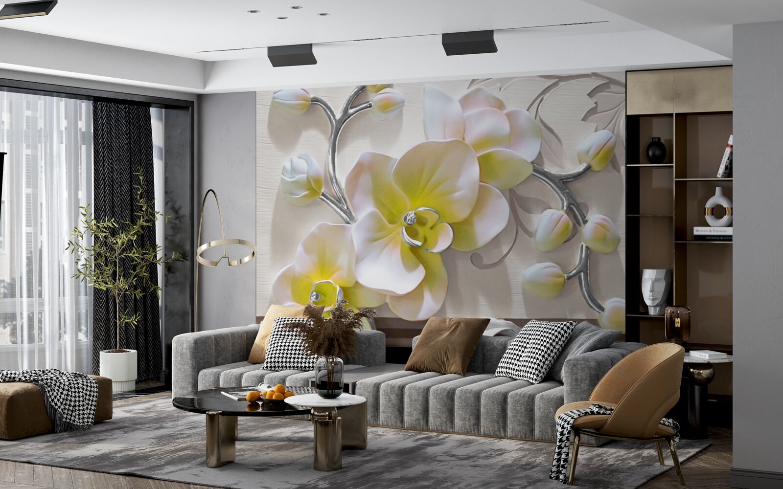 Papier peint orchidée avec une coloration blanche et jaune unique