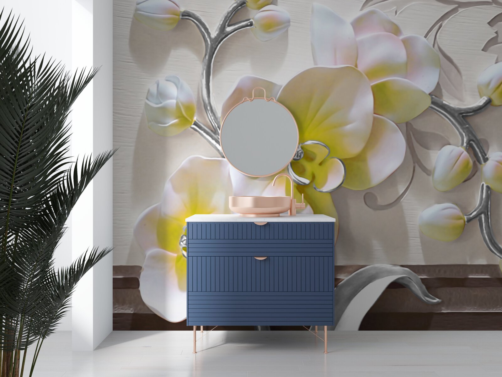 Papier peint orchidée avec une coloration blanche et jaune unique