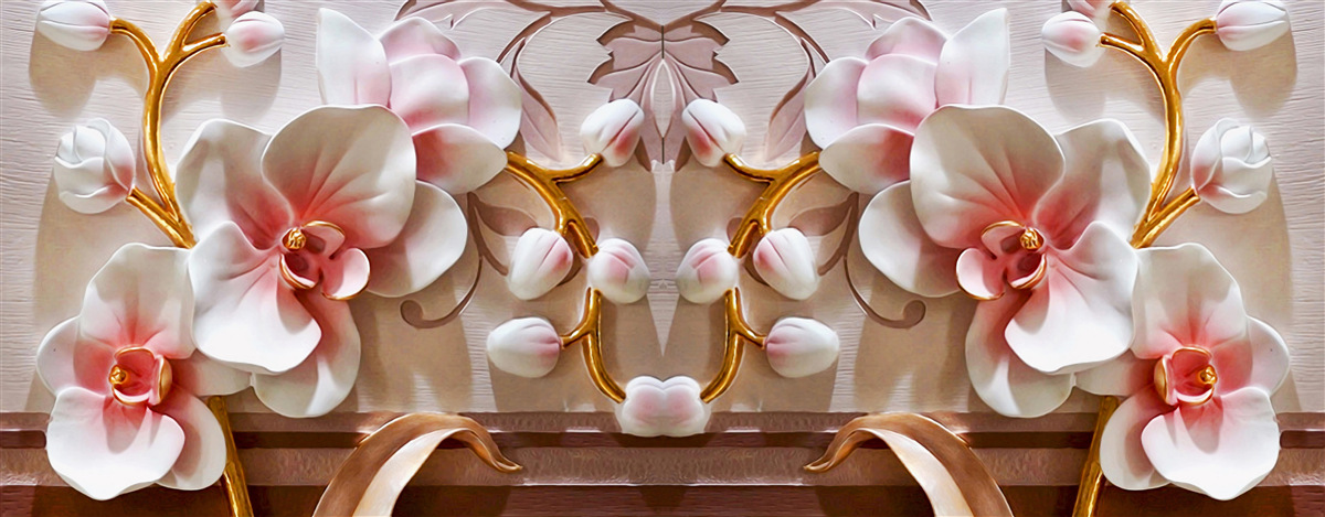 Papier peint orchidées avec un cœur rouge sur fond blanc de fleurs