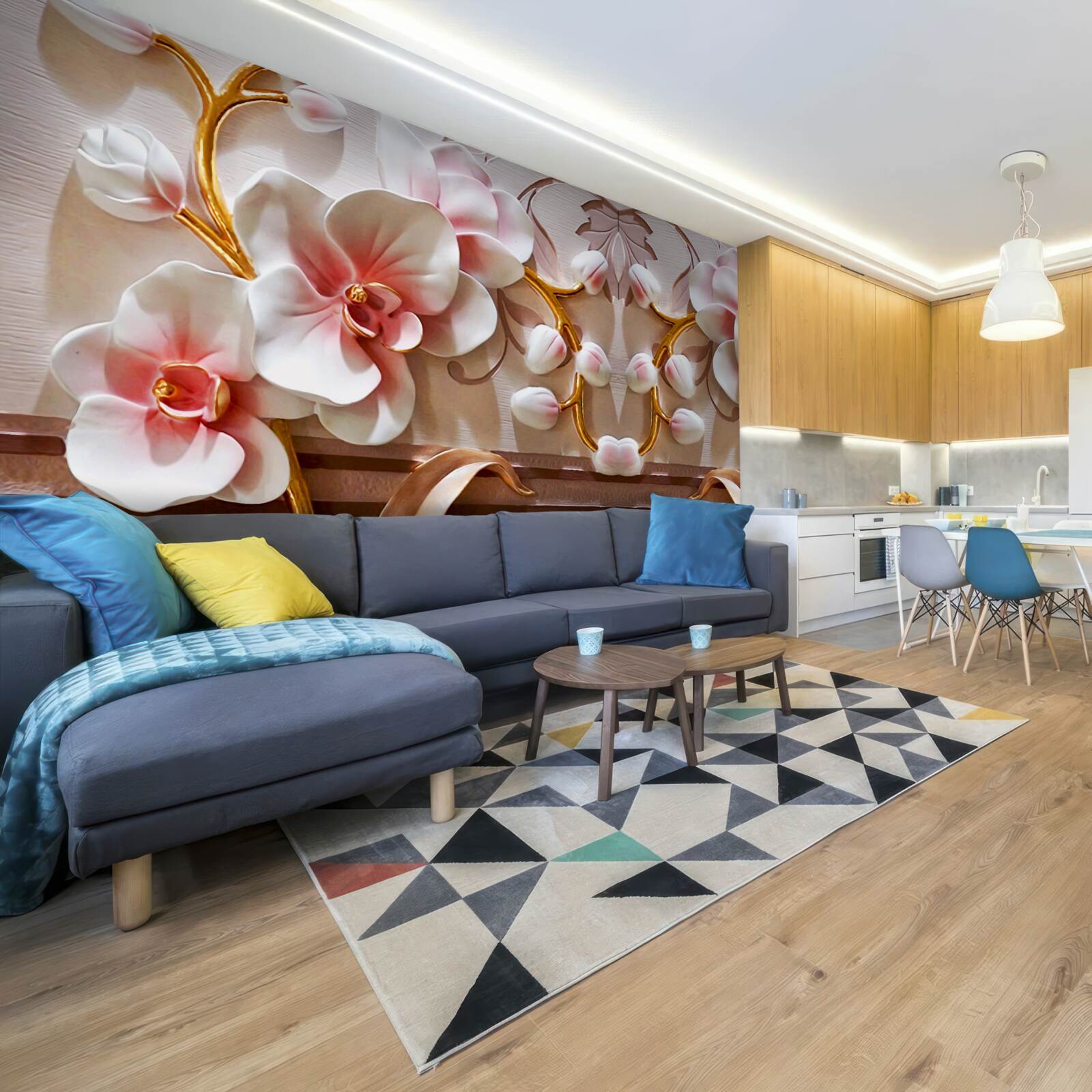 Papier peint orchidées avec un cœur rouge sur fond blanc de fleurs