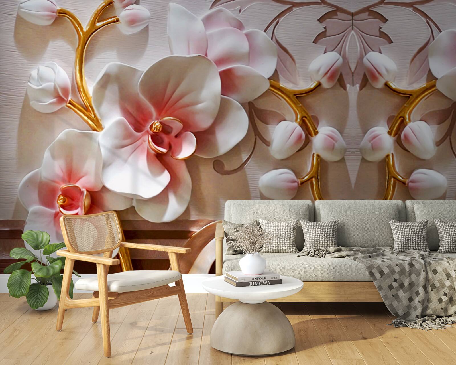 Papier peint orchidées avec un cœur rouge sur fond blanc de fleurs