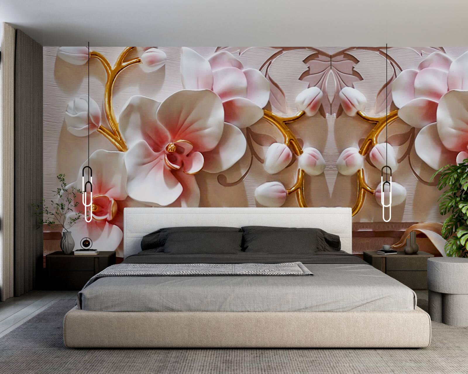 Papier peint orchidées avec un cœur rouge sur fond blanc de fleurs