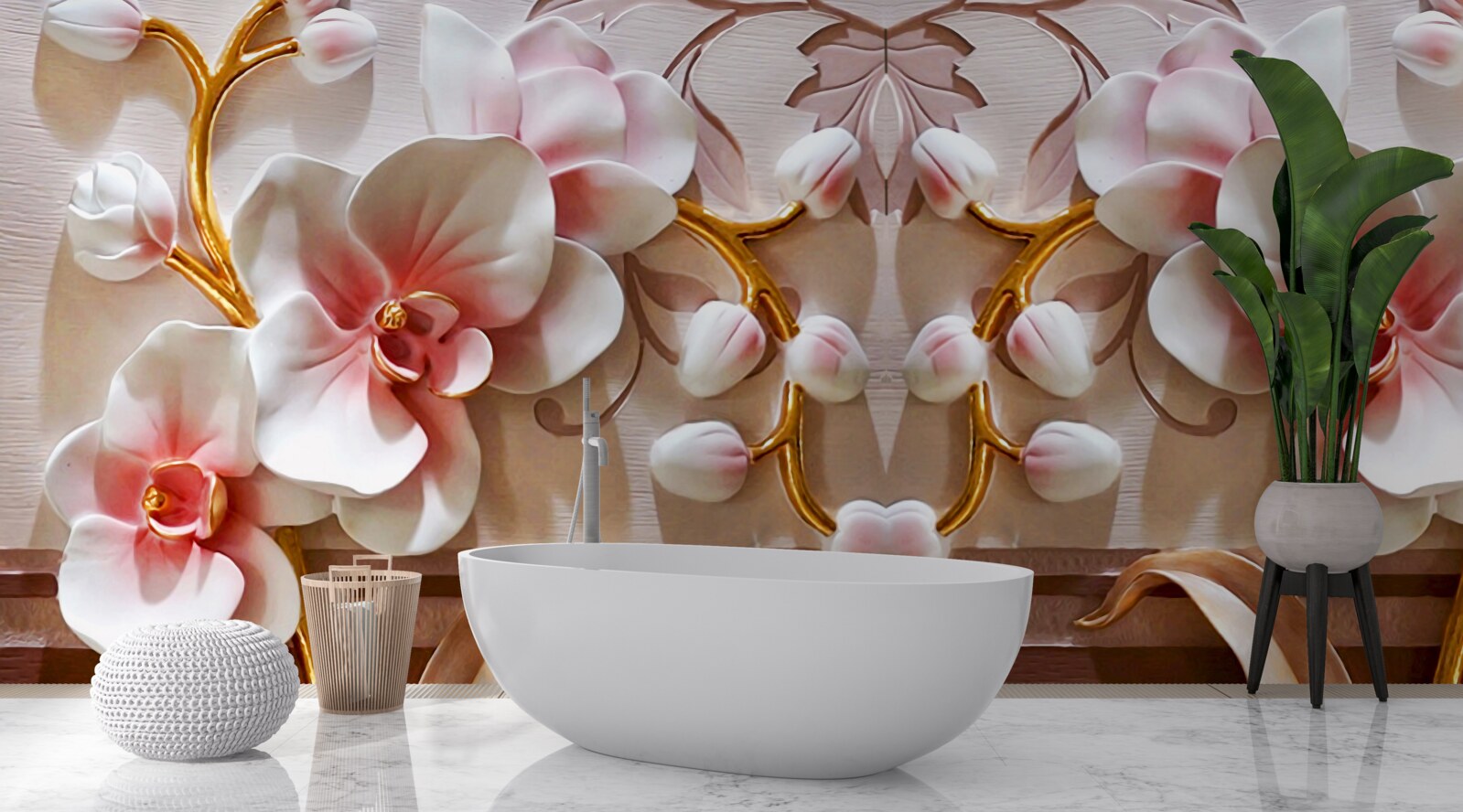 Papier peint orchidées avec un cœur rouge sur fond blanc de fleurs