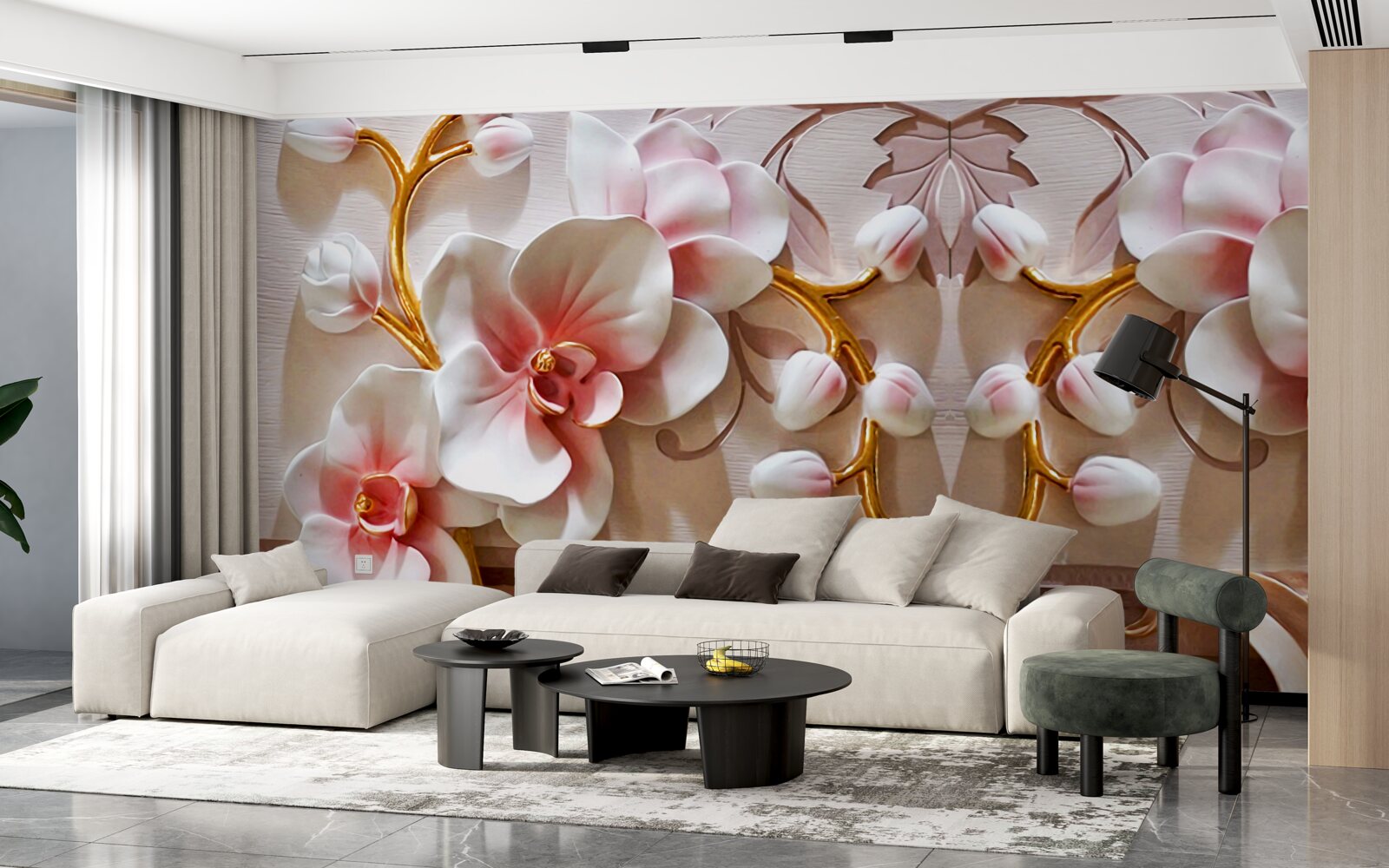 Papier peint orchidées avec un cœur rouge sur fond blanc de fleurs