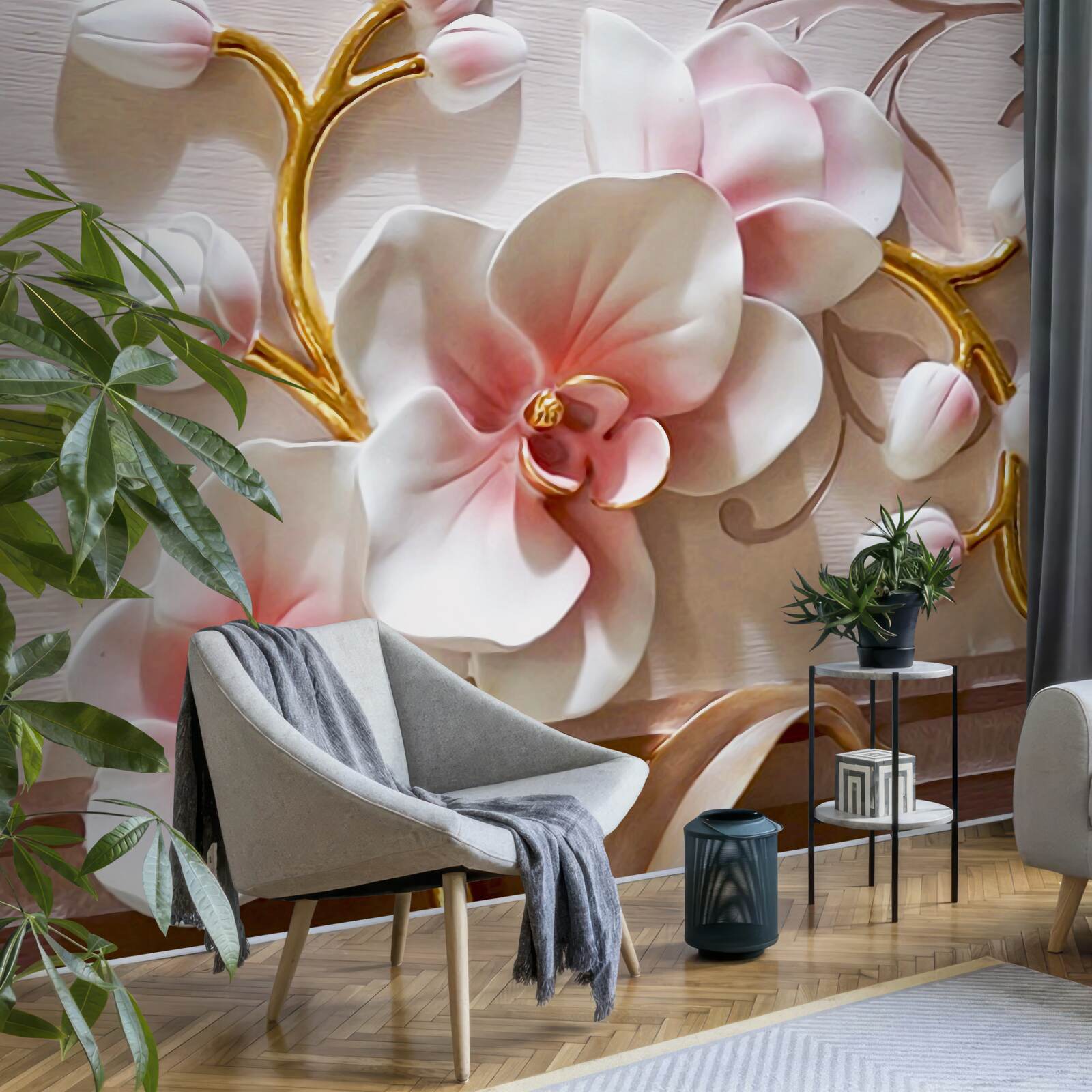 Papier peint énormes bourgeons d'orchidées rouges et blanches