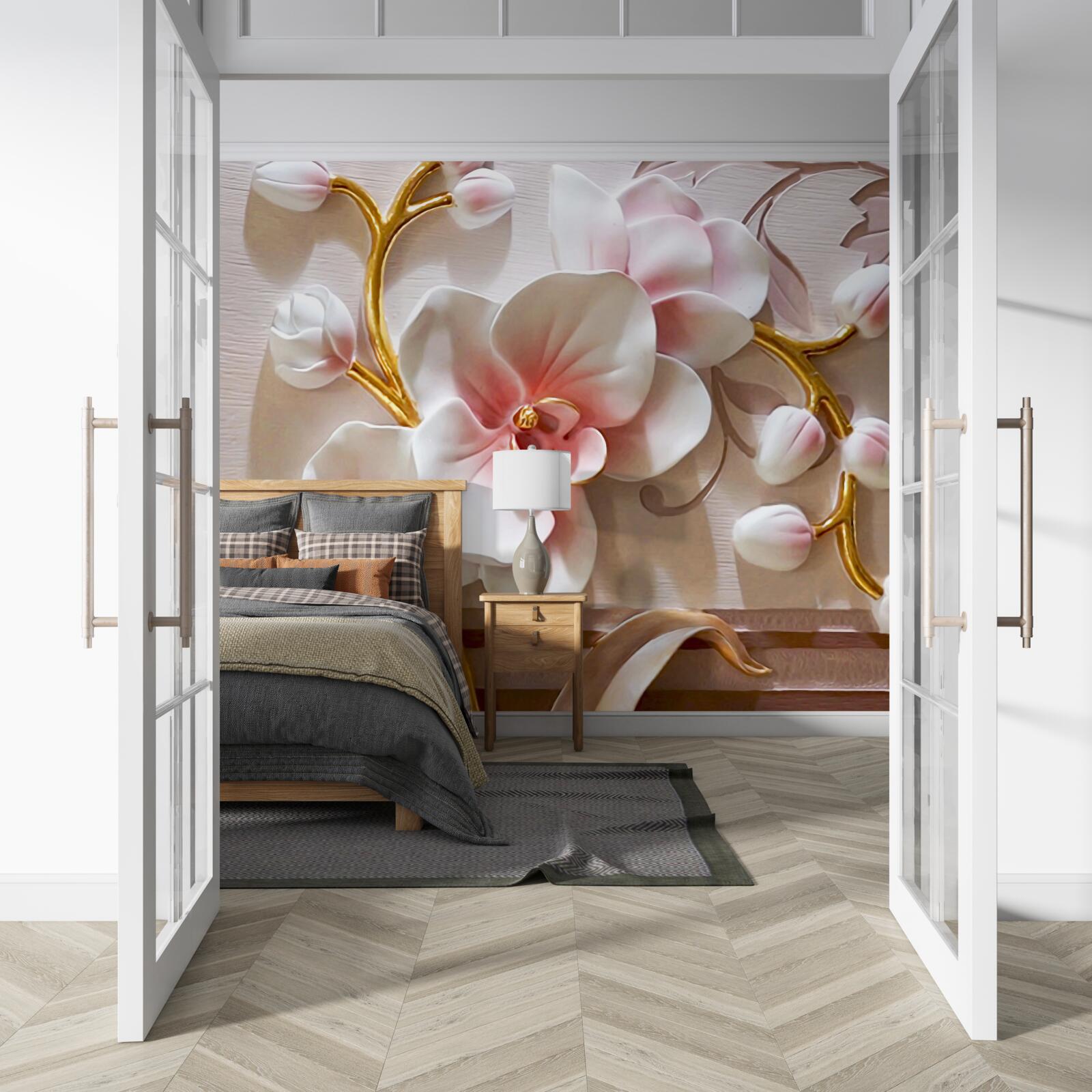 Papier peint énormes bourgeons d'orchidées rouges et blanches