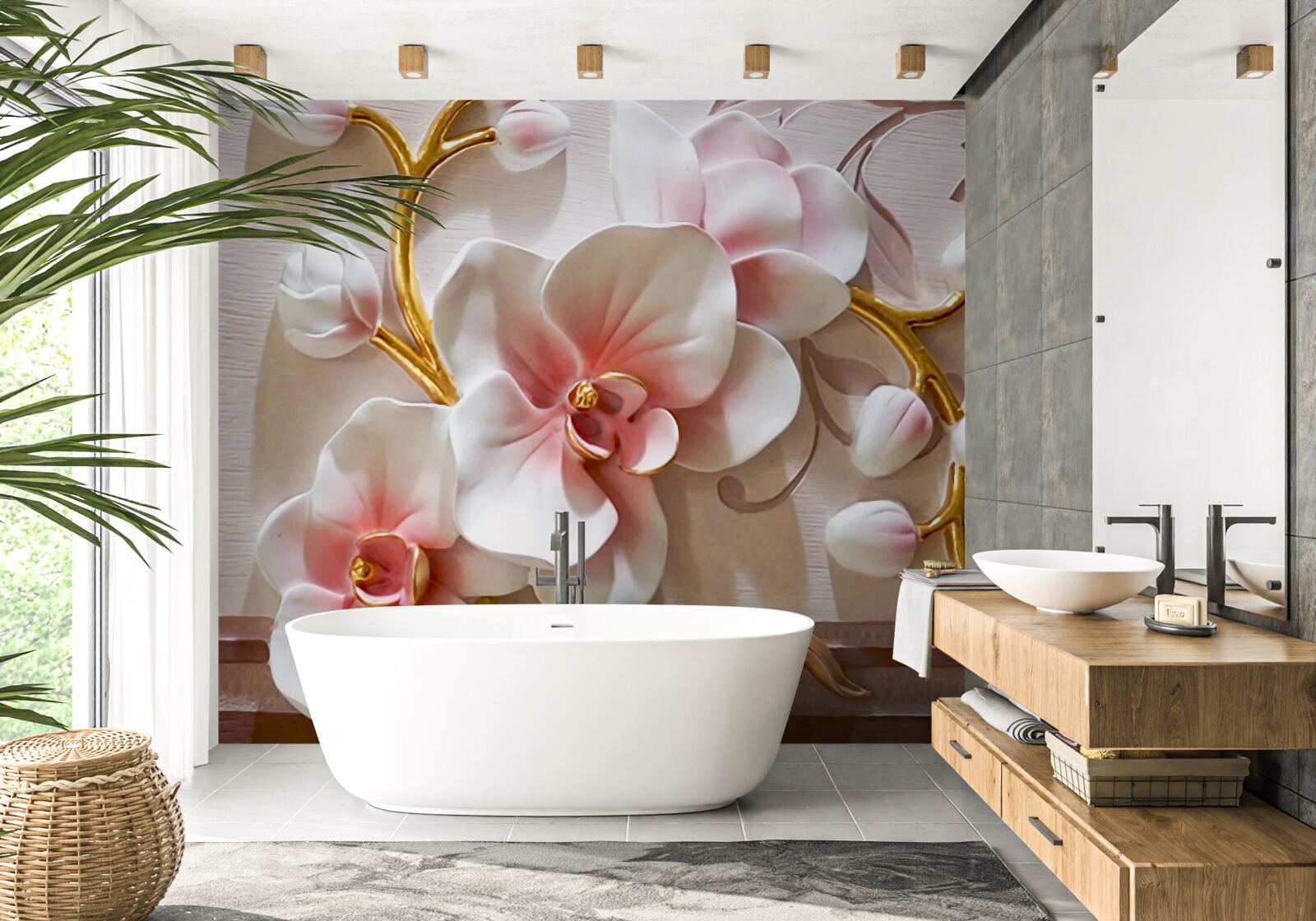 Papier peint énormes bourgeons d'orchidées rouges et blanches