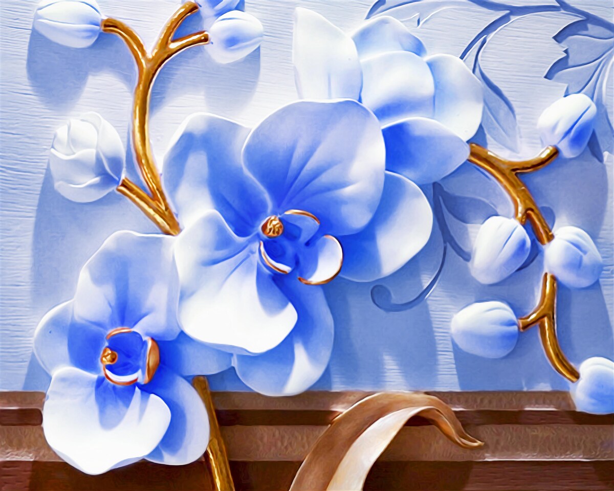 Papier peint orchidée de couleur céleste sur des branches décorées d'or