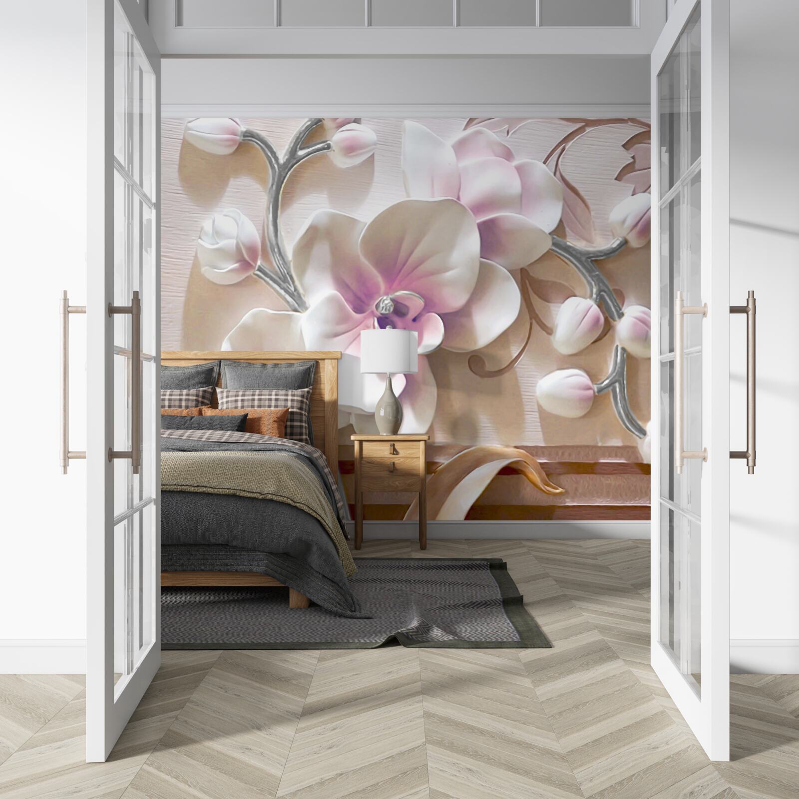 Papier peint orchidée en bourgeons blancs luxuriants