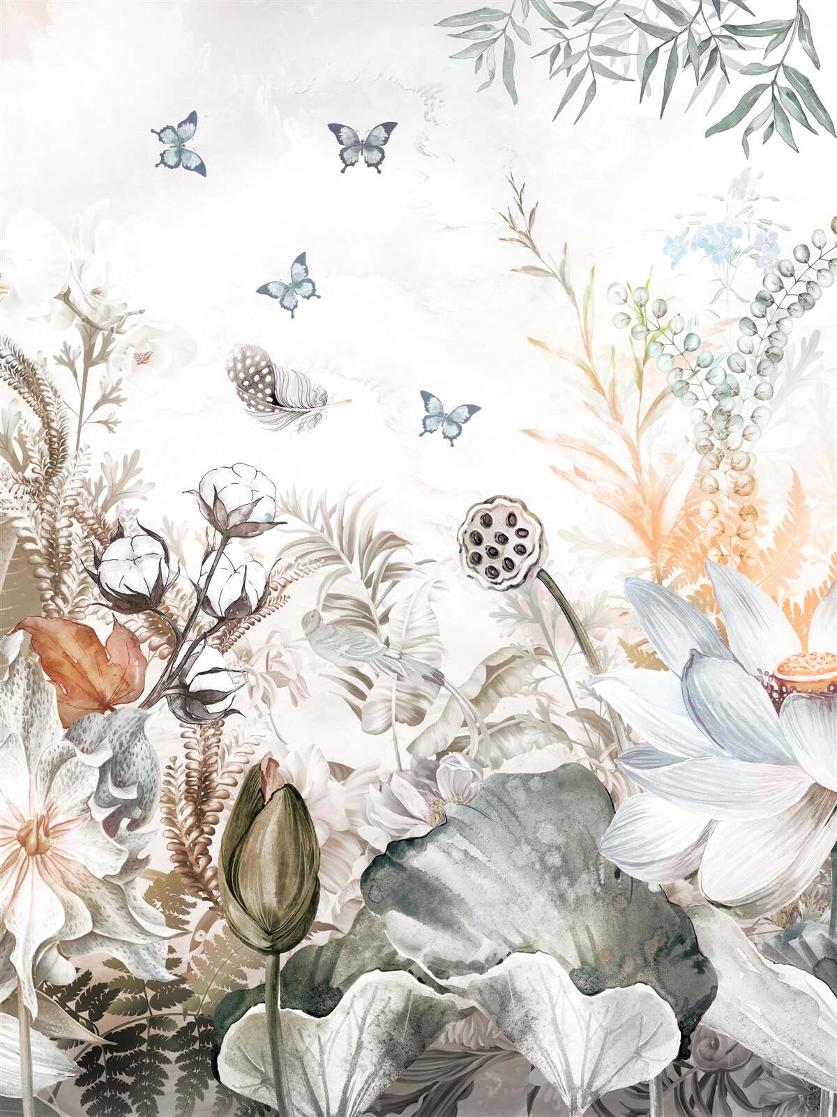 Papier peint papillons et forêts tropicales en fleurs