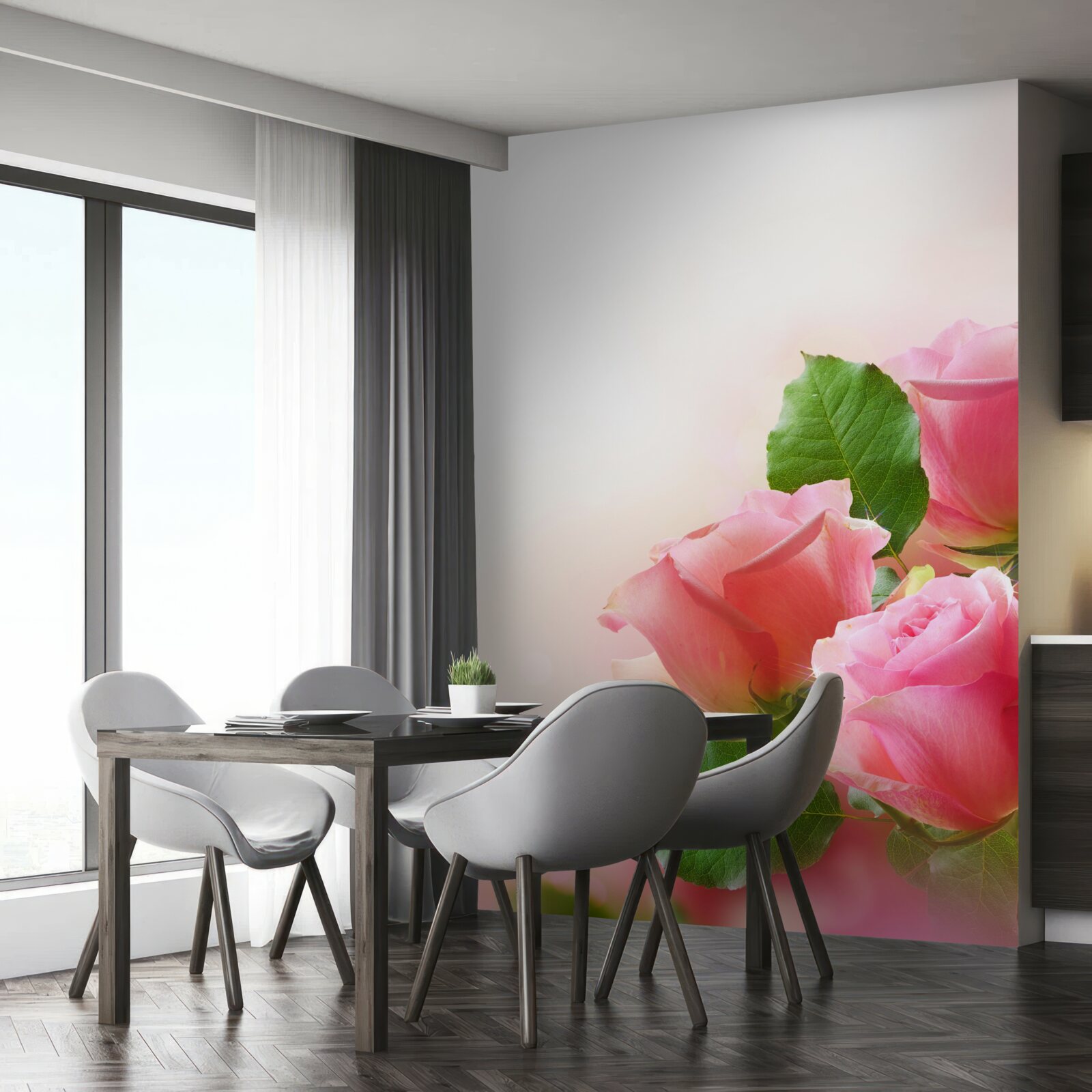 Papier peint roses cramoisies douces avec feuilles vertes