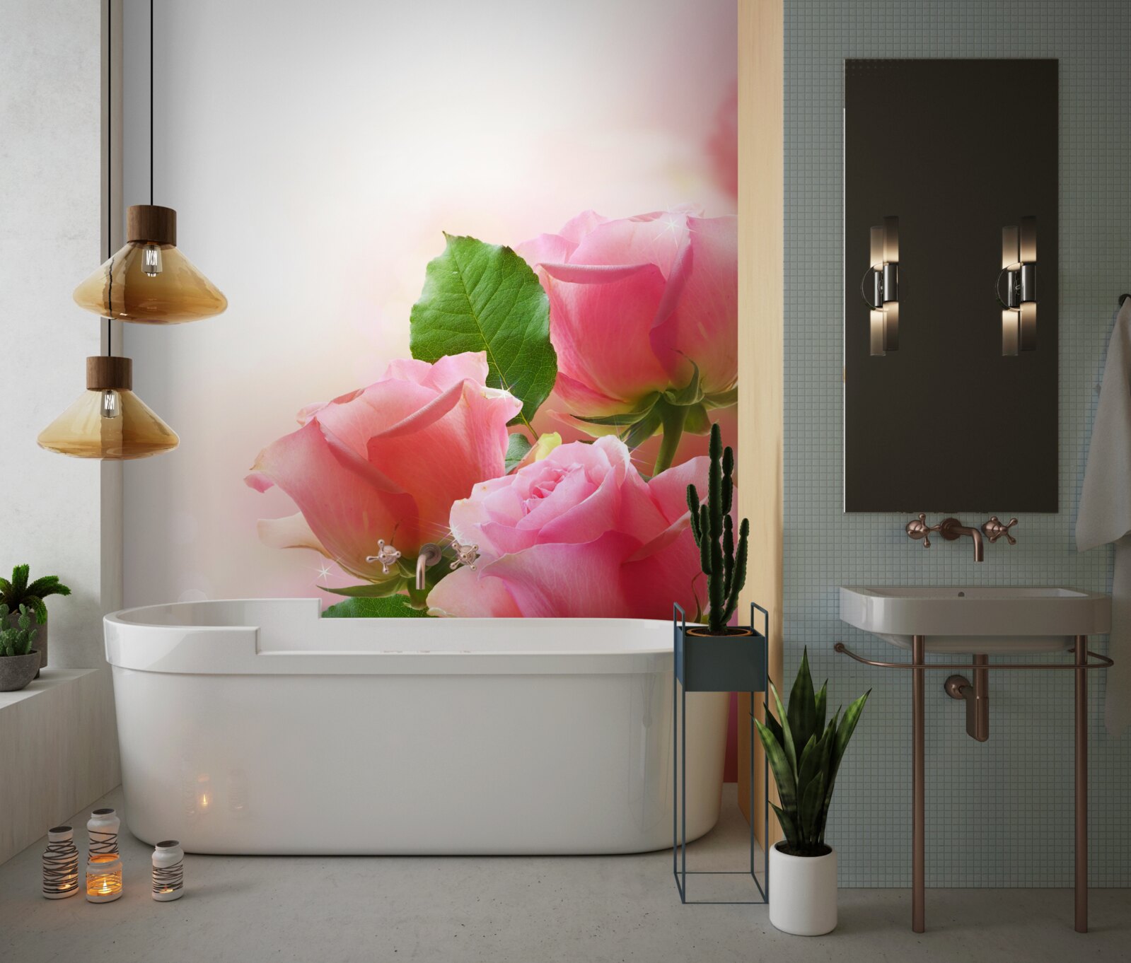 Papier peint roses cramoisies douces avec feuilles vertes