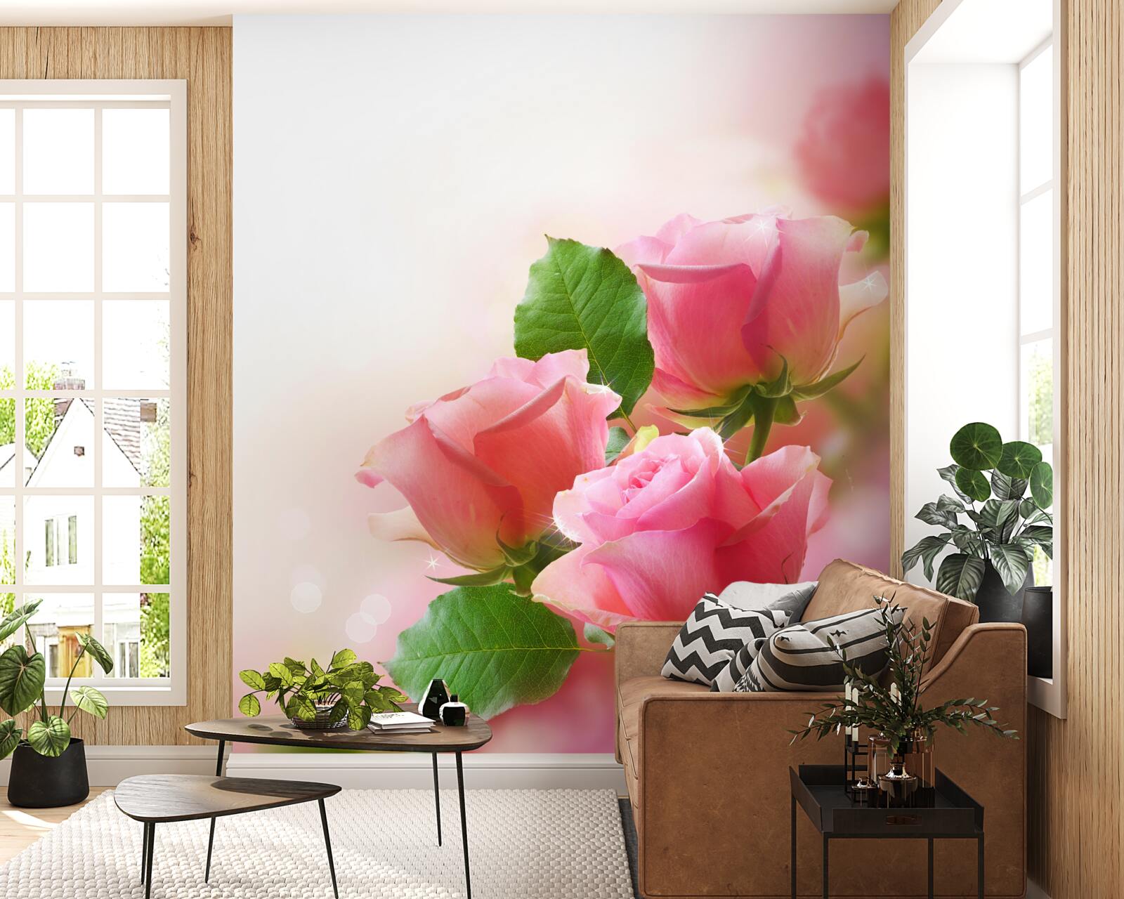 Papier peint roses cramoisies douces avec feuilles vertes