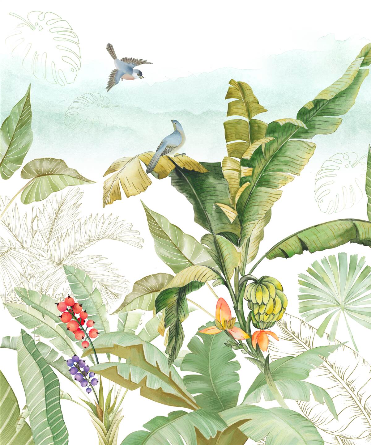 Papier peint les oiseaux aiment se reposer sur les feuilles tropicales