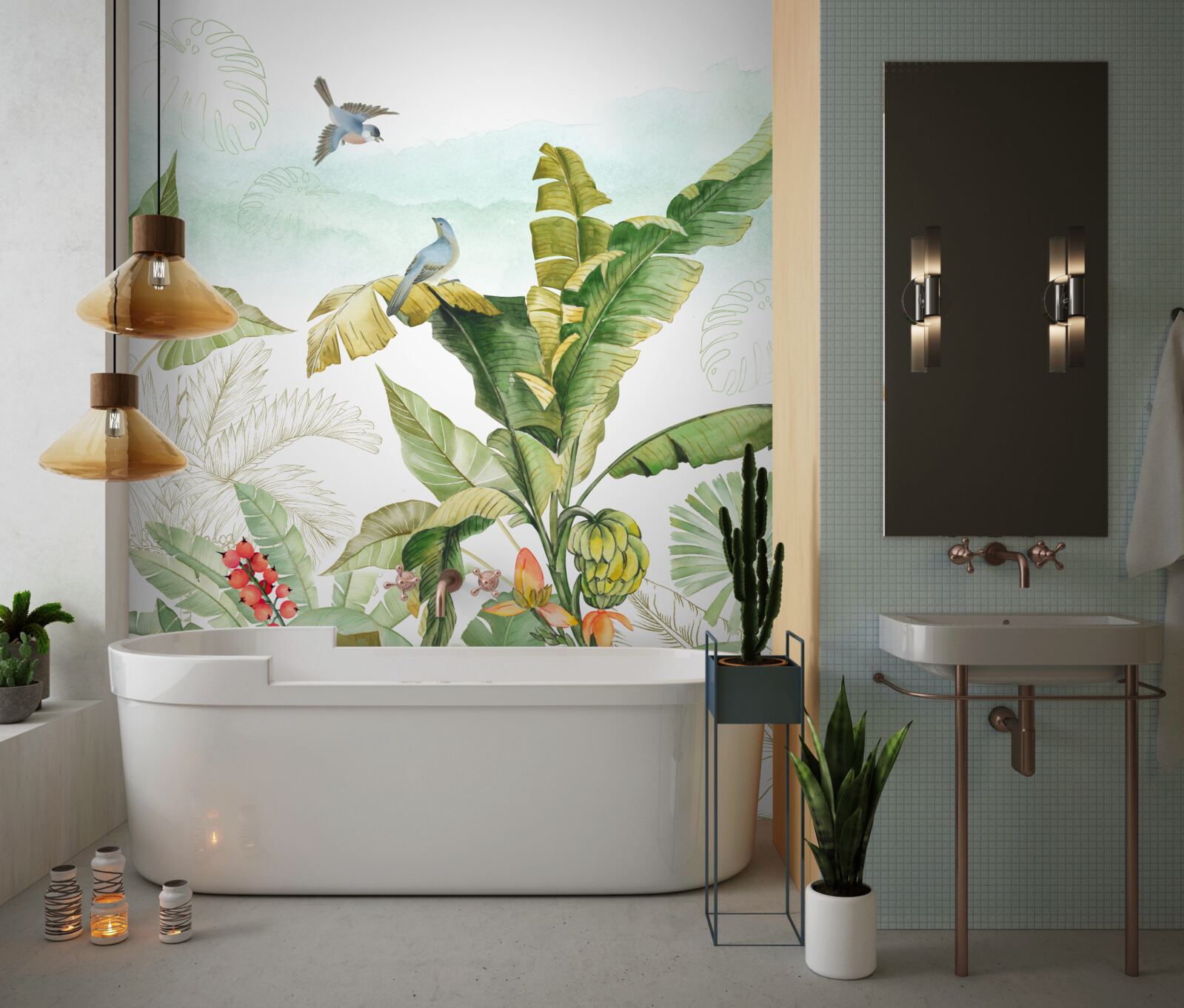 Papier peint les oiseaux aiment se reposer sur les feuilles tropicales