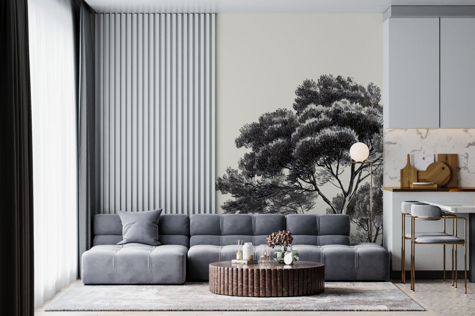 Papier peint bordant densément un grand arbre boisé