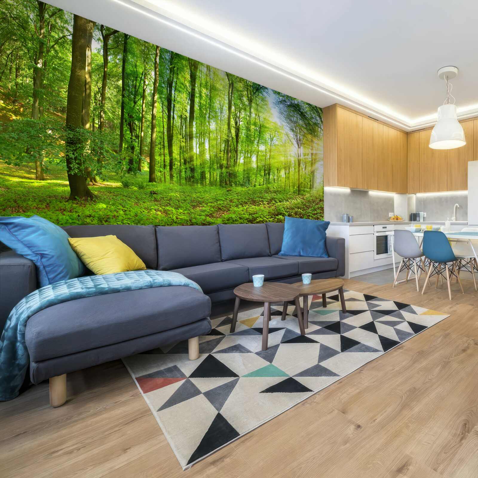 Papier peint L'aube dans une forêt où règnent les feuilles vertes