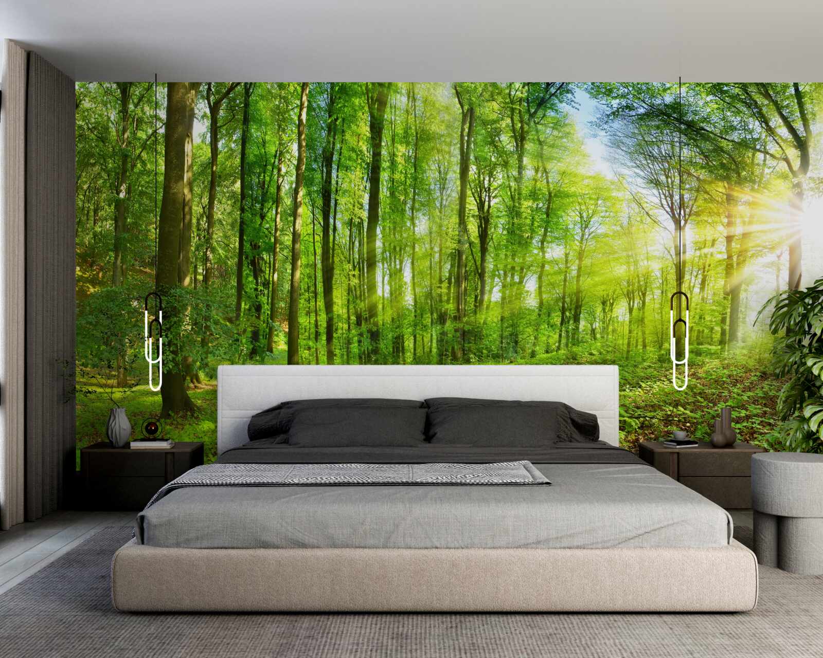 Papier peint L'aube dans une forêt où règnent les feuilles vertes