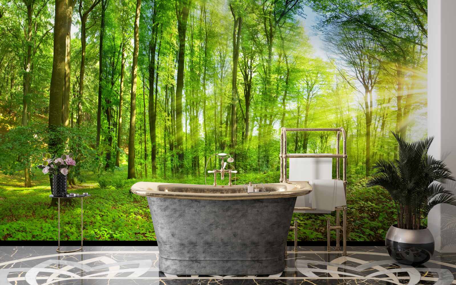 Papier peint L'aube dans une forêt où règnent les feuilles vertes