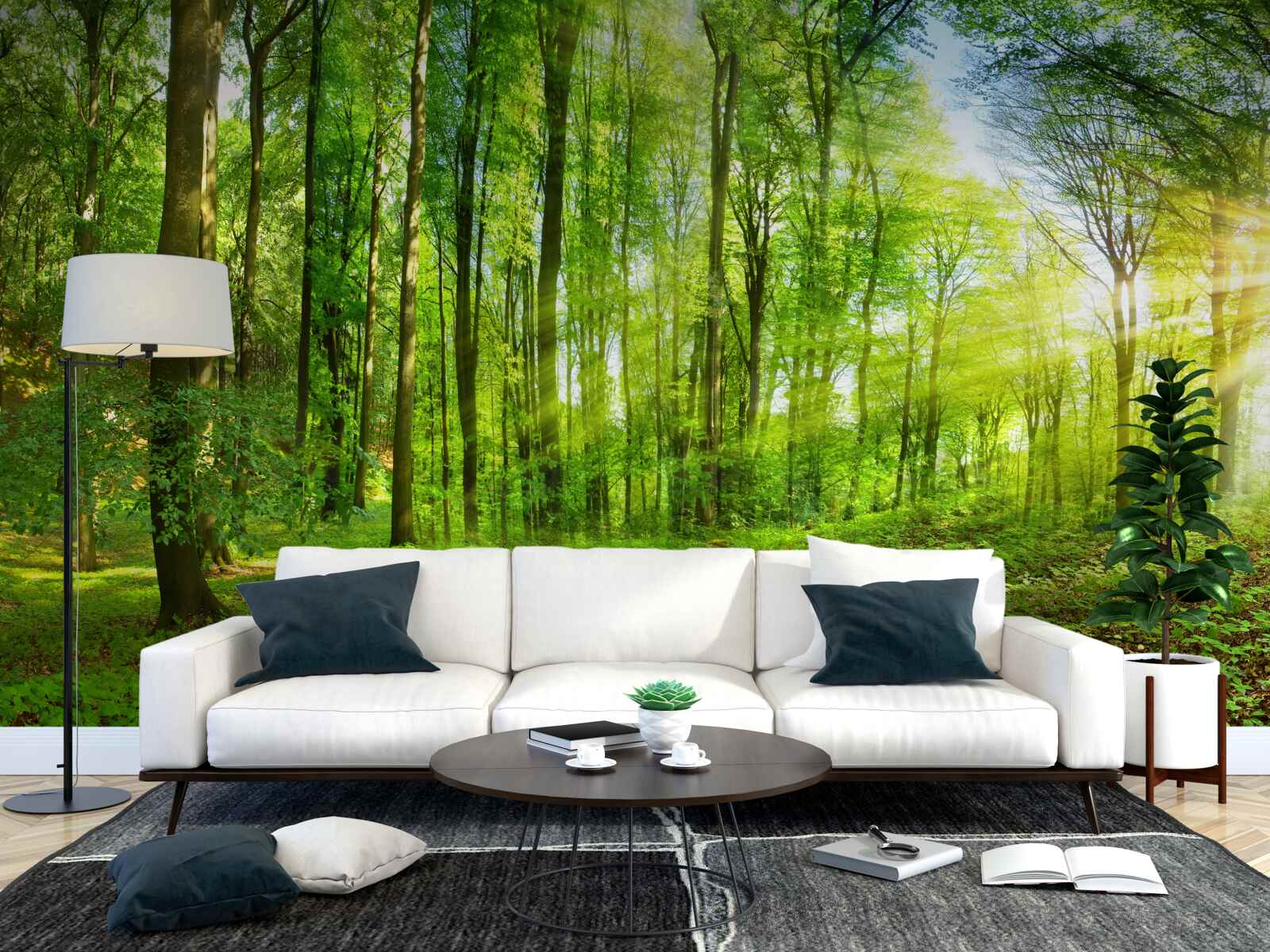 Papier peint L'aube dans une forêt où règnent les feuilles vertes