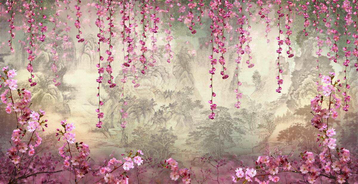 Papier peint fleurs roses tombant dans l'eau de haut en bas