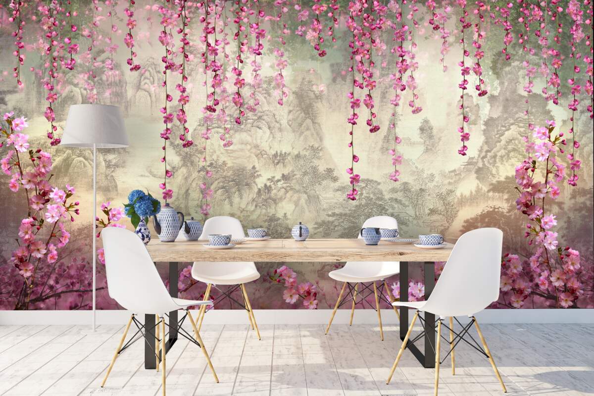 Papier peint fleurs roses tombant dans l'eau de haut en bas