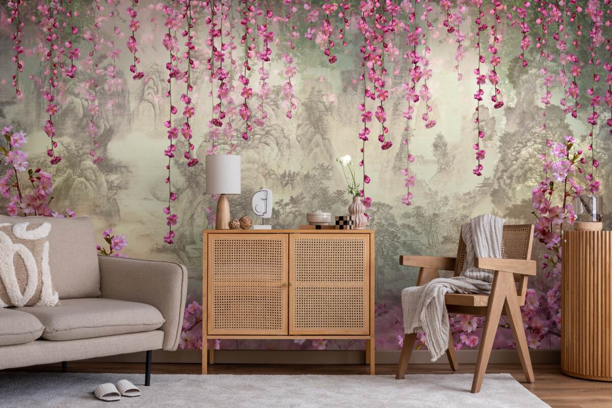 Papier peint fleurs roses tombant dans l'eau de haut en bas