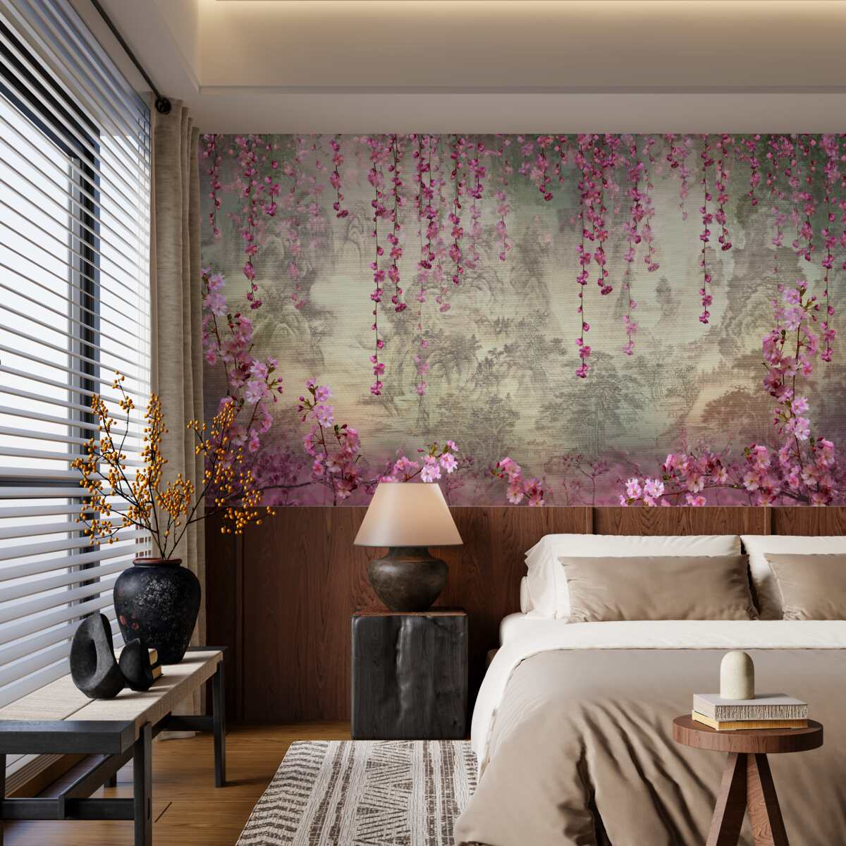 Papier peint fleurs roses tombant dans l'eau de haut en bas