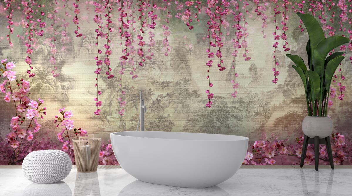 Papier peint fleurs roses tombant dans l'eau de haut en bas